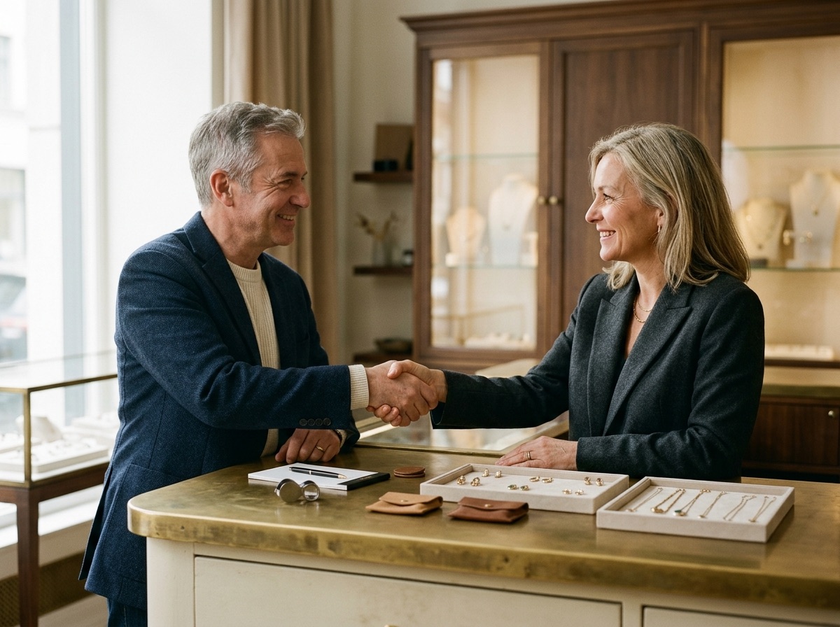 A jeweler and a customer in a quiet consultation across a warm cream-toned counter in a small independent jewelry store, brass fixtures and soft natural light