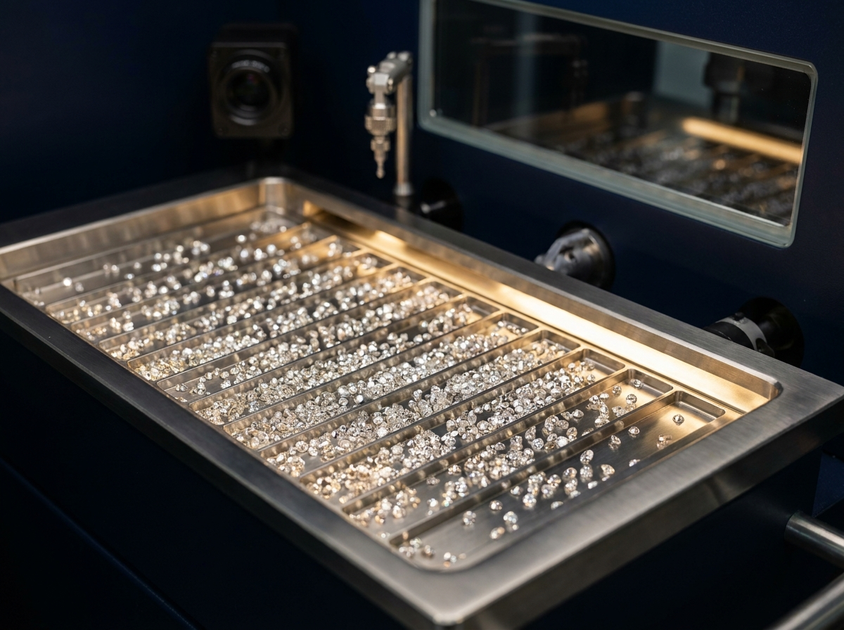 Loose natural melee diamonds moving through an automated sorting tray used for diamond screening and verification