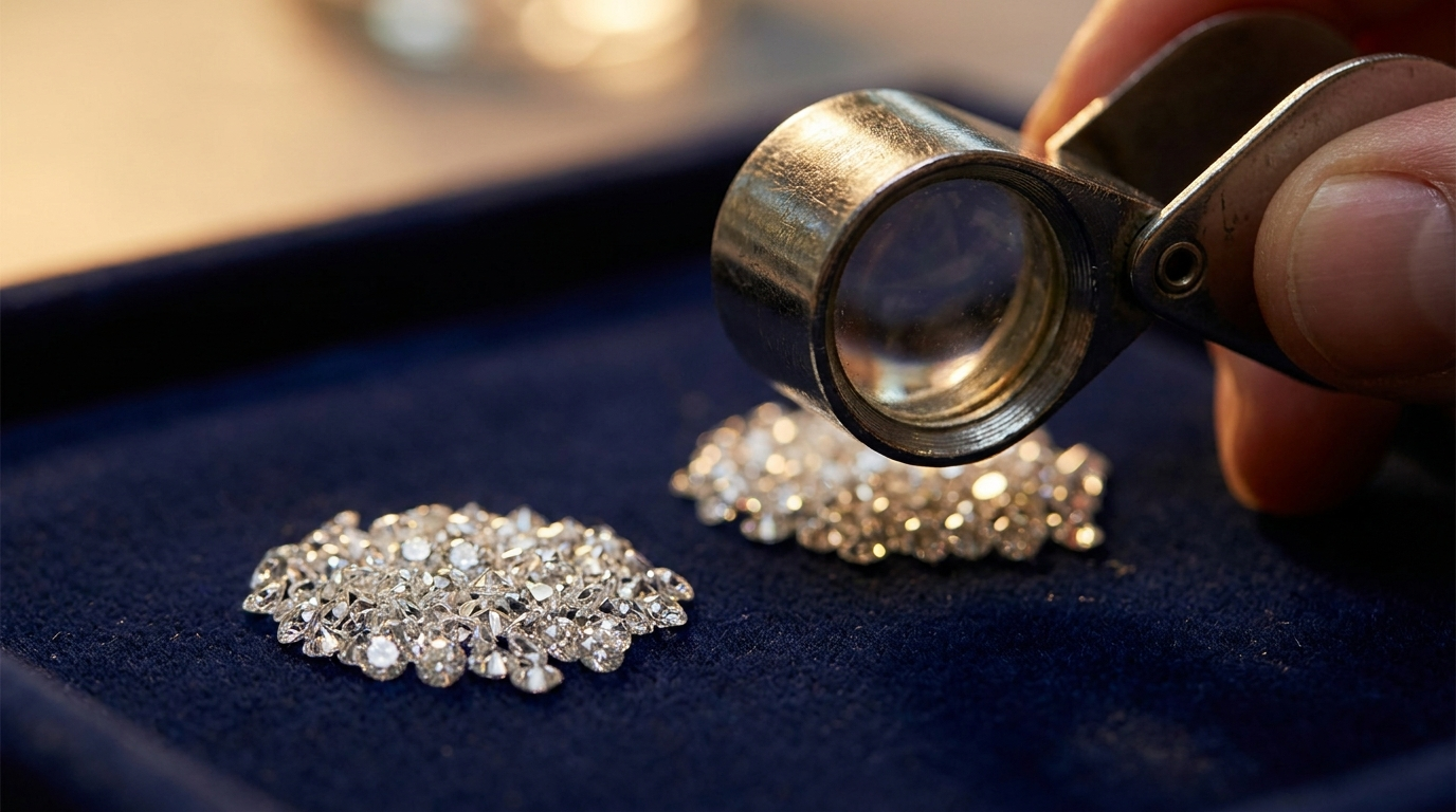 Two small parcels of loose round melee diamonds, one VS and one SI clarity, being compared side by side under a jeweler's loupe