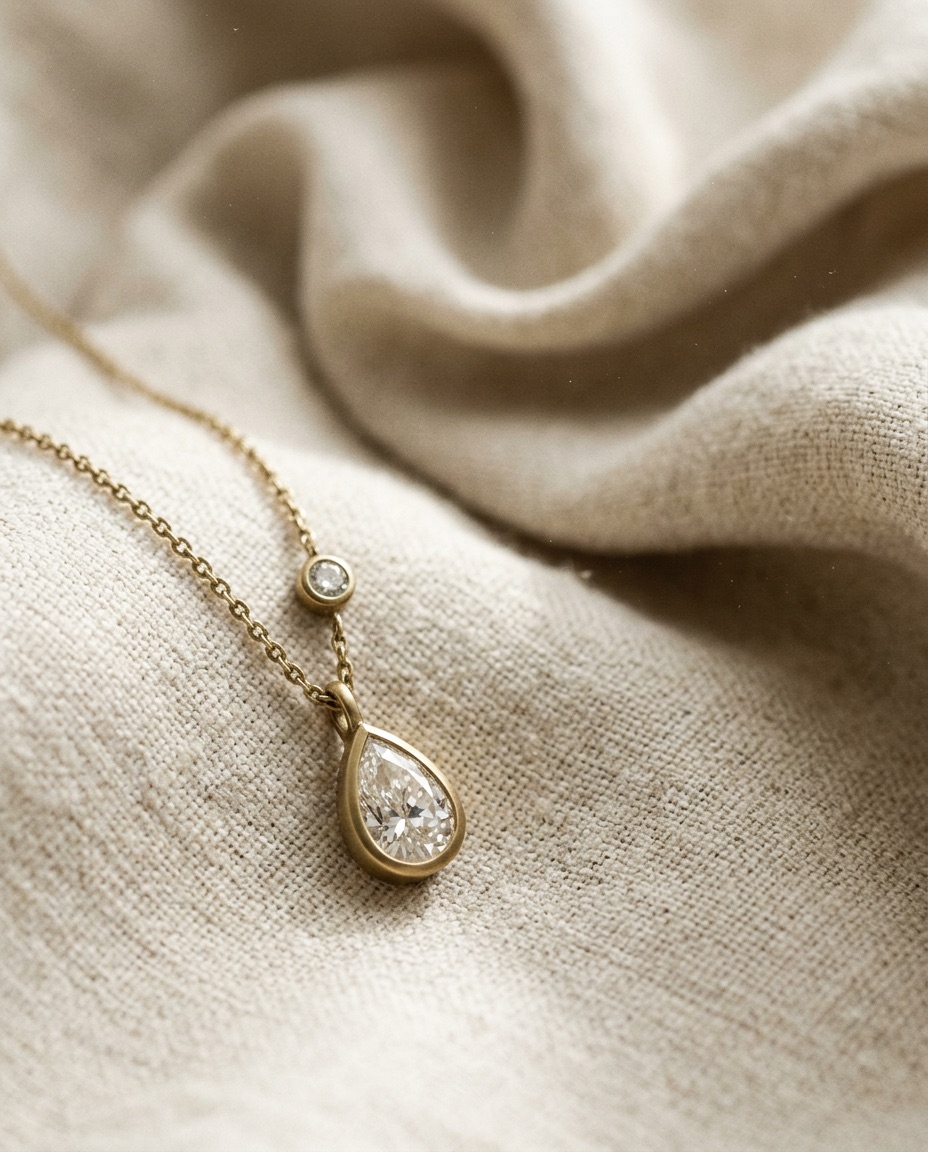 Close-up macro shot of pear shape diamond facet pattern showing bezel and star facets under warm light