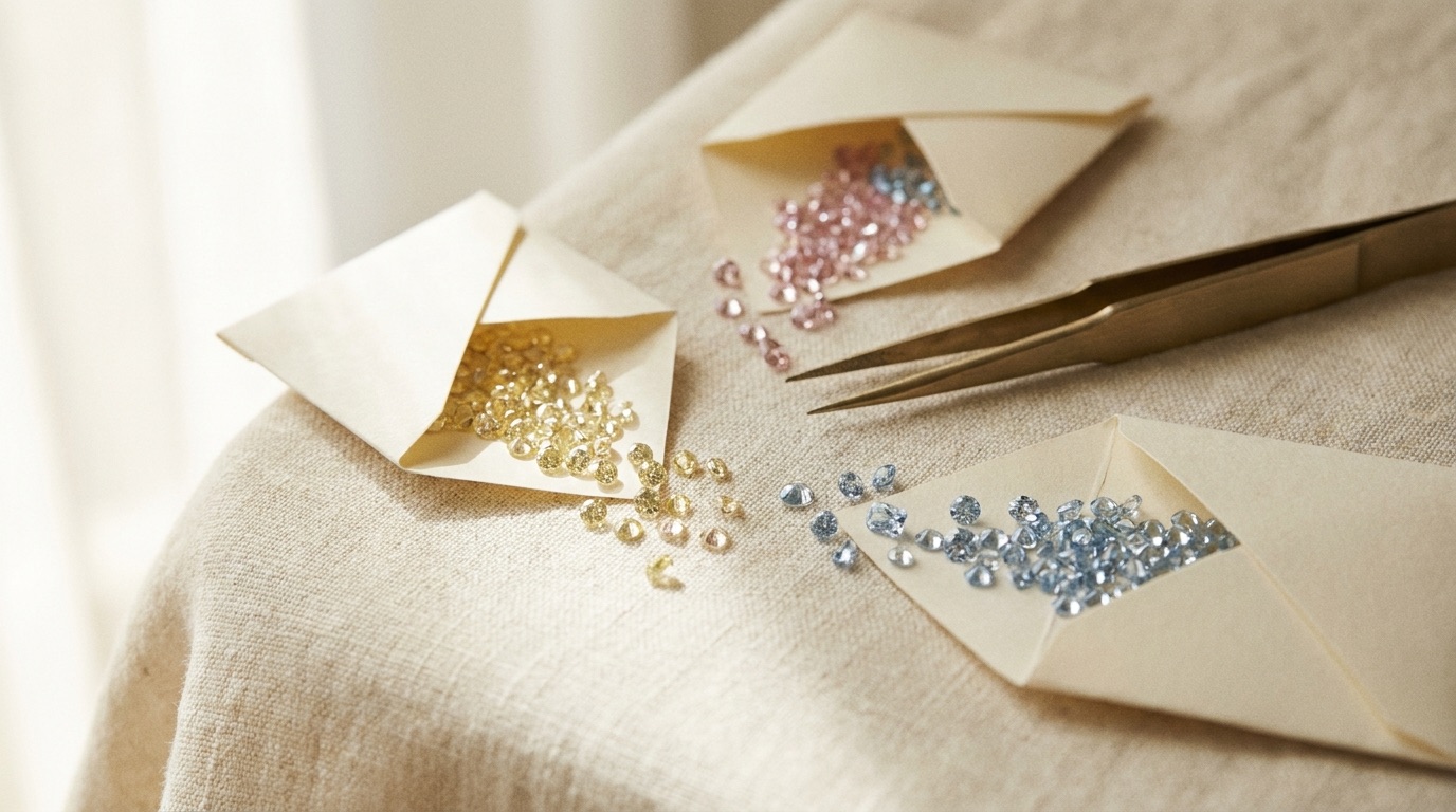 Gemologist hands sorting loose fancy color diamond melee by hue under a jeweler's loupe light
