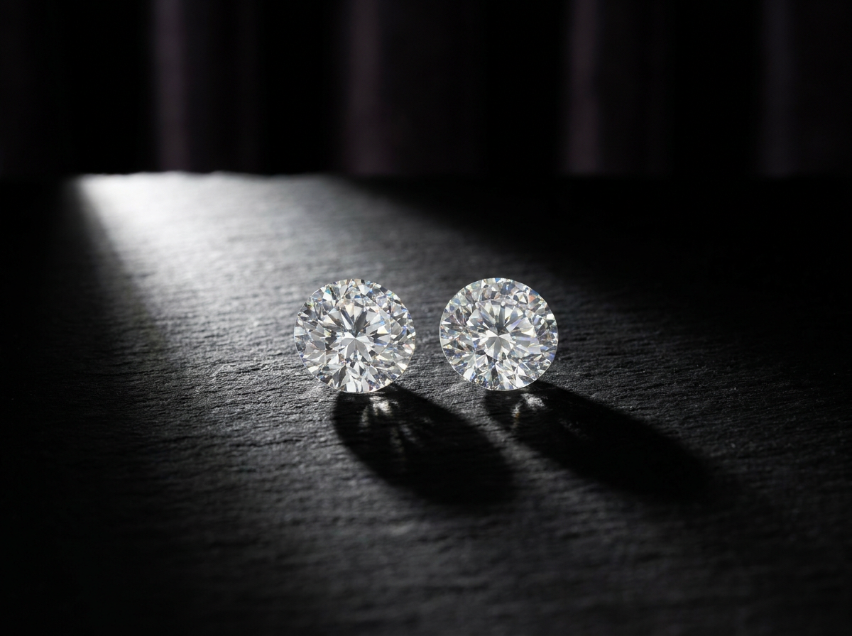 Two round brilliant cut diamonds placed side by side on a matte black surface under dramatic studio lighting