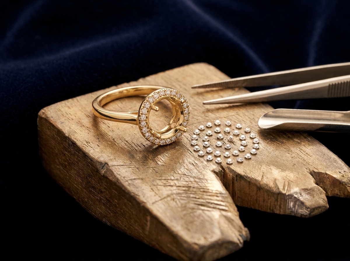 Unfinished halo ring setting on a jeweler's bench with loose melee diamonds arranged ready to be set