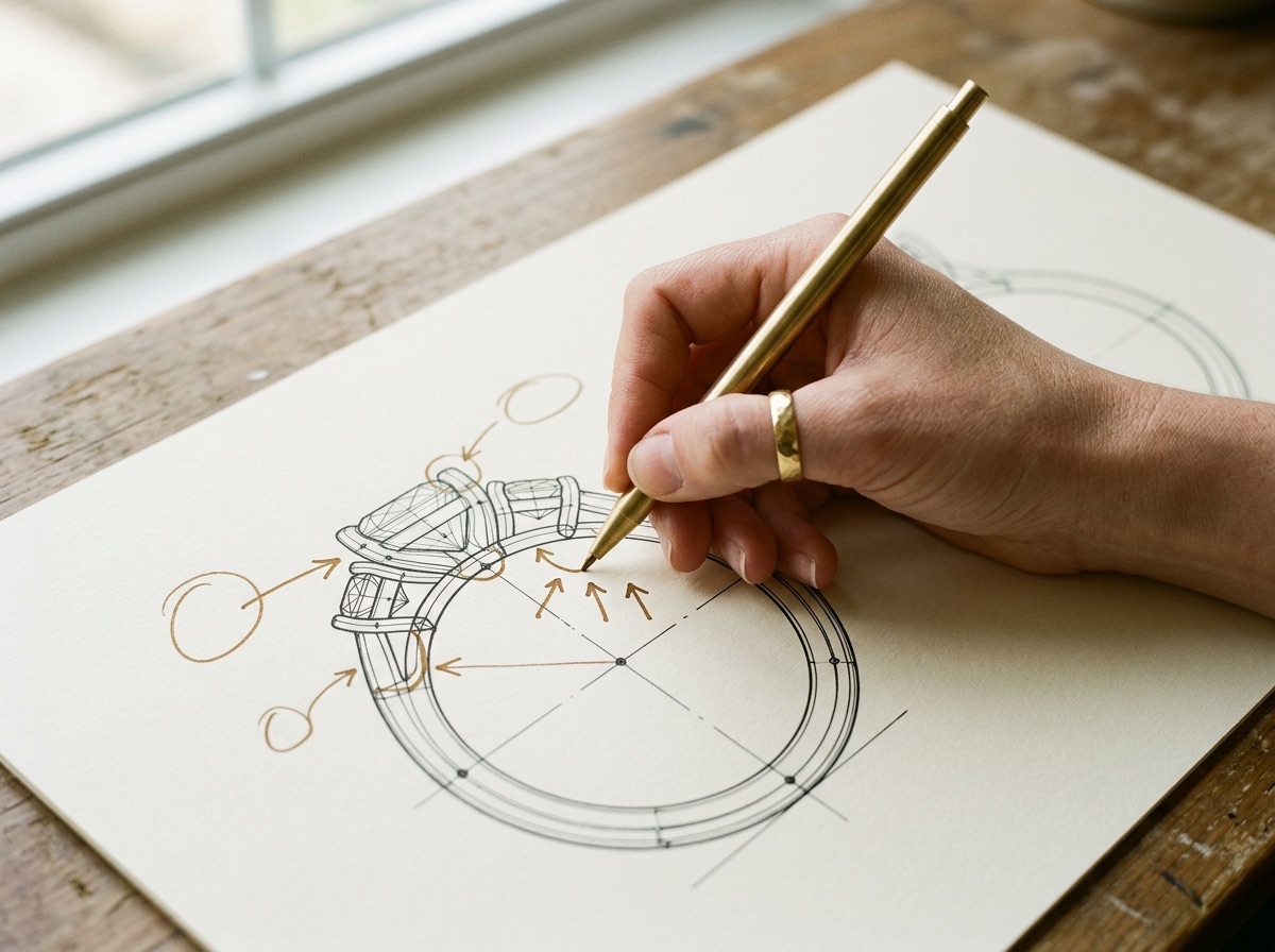 Printed CAD wireframe render sheet on a cream linen desk beside brass calipers and a jeweler's loupe