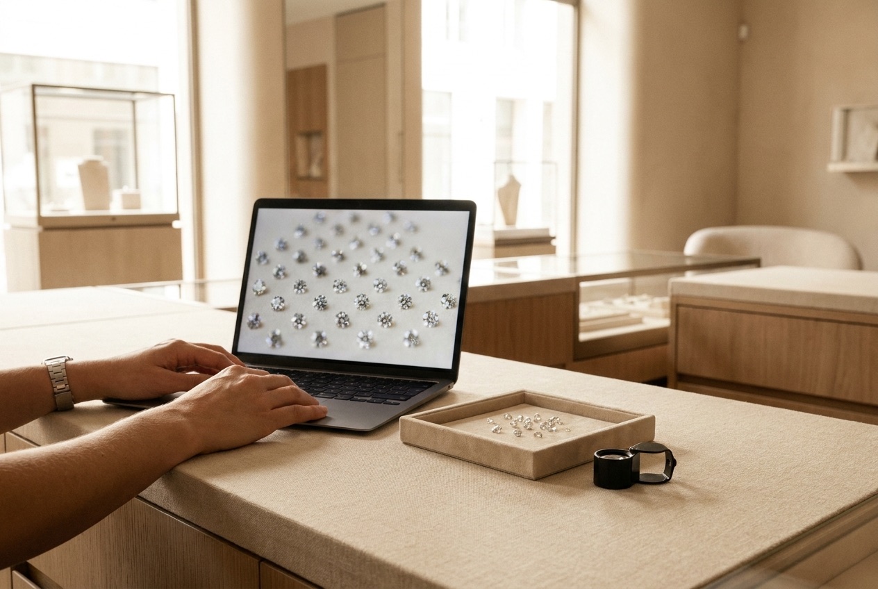 Antique-cut lab-grown diamonds including old mine, old European, and kite cuts displayed on a navy velvet tray under warm light