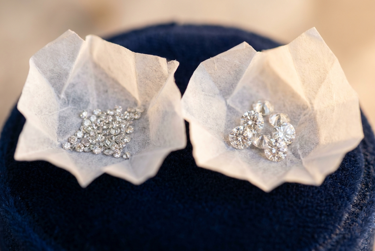 two open diamond parcel papers side by side, one with smaller loose melee diamonds and one with larger, illustrating a size-based price spread