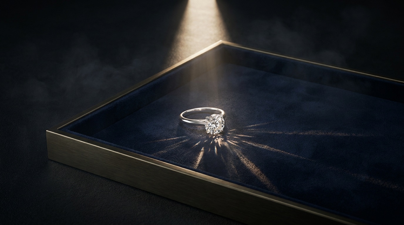 Jeweler's workbench with diamond-setting tools and a single custom ring in progress