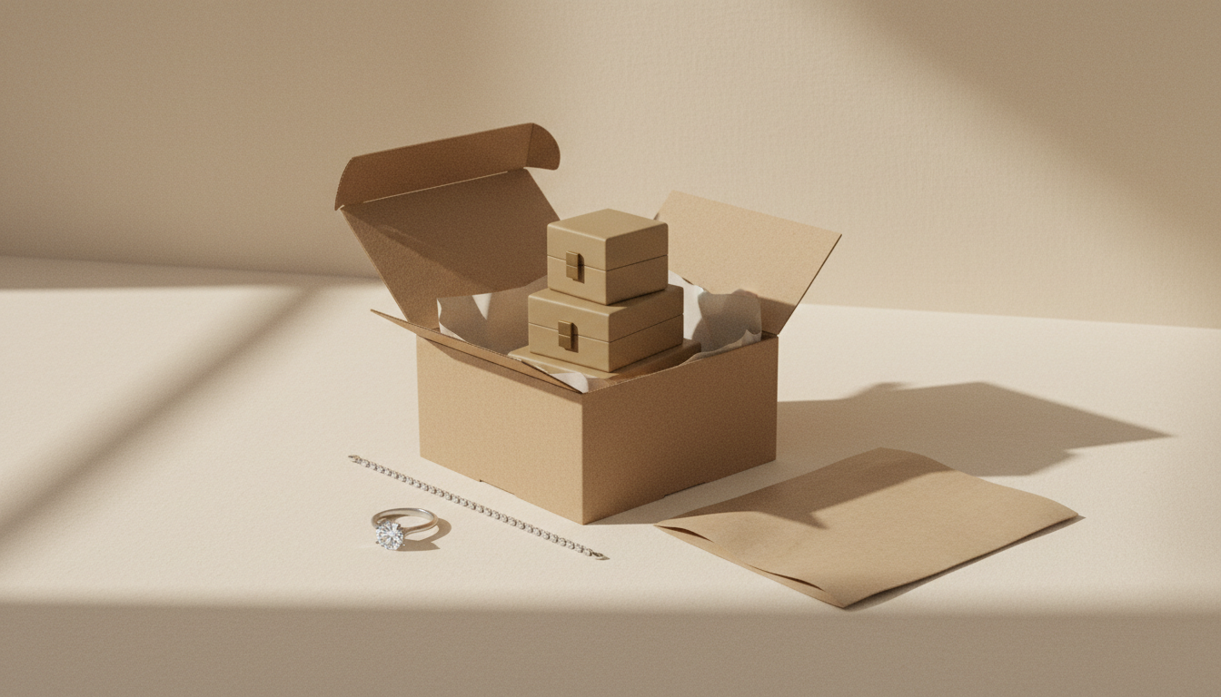 A single open shipping carton with nested jewelry boxes beside a finished solitaire ring and a diamond tennis bracelet