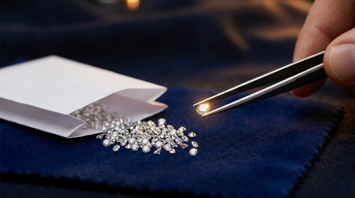 loose natural round melee diamonds and tweezers on navy velvet — Guru Diam wholesale natural melee pricing
