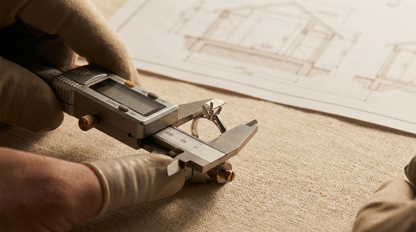 Quality control checklist and pen beside a small tray of loose diamonds on a linen surface