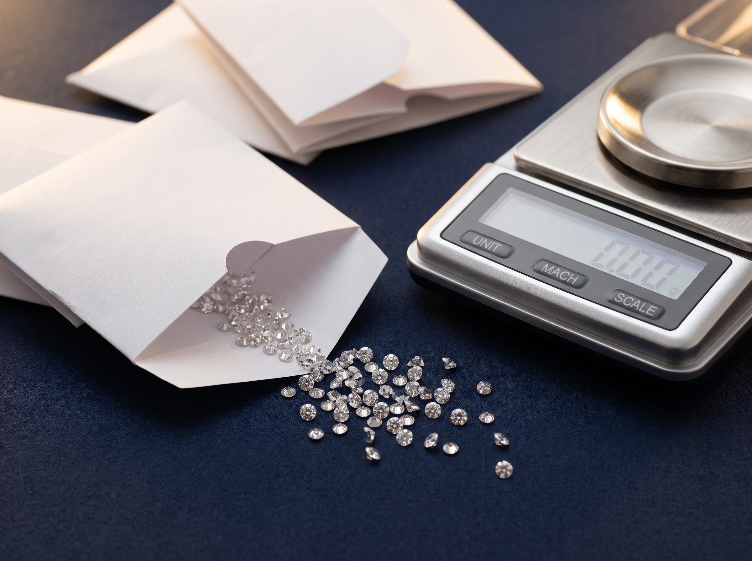natural melee diamond parcel folded into trade paper packets, weighed and labeled by size and grade