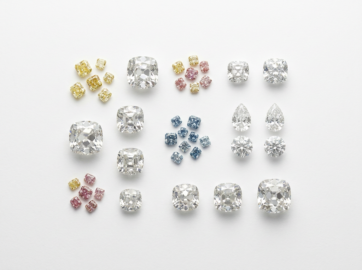 A curated spread of antique cut diamonds, colorful fancy color melee in yellow pink and blue tones, and matching diamond pairs arranged on a white surface