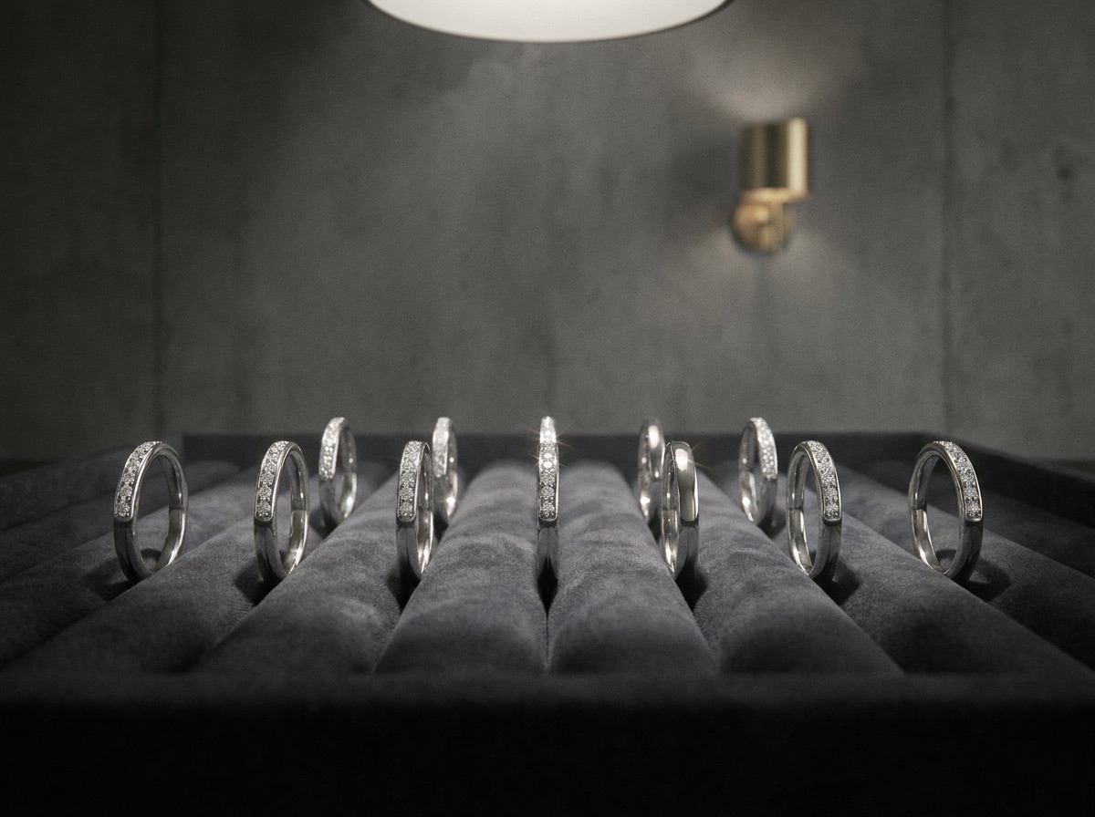 Rows of eternity and wedding bands with varying diamond coverage laid out on a cream linen surface for comparison