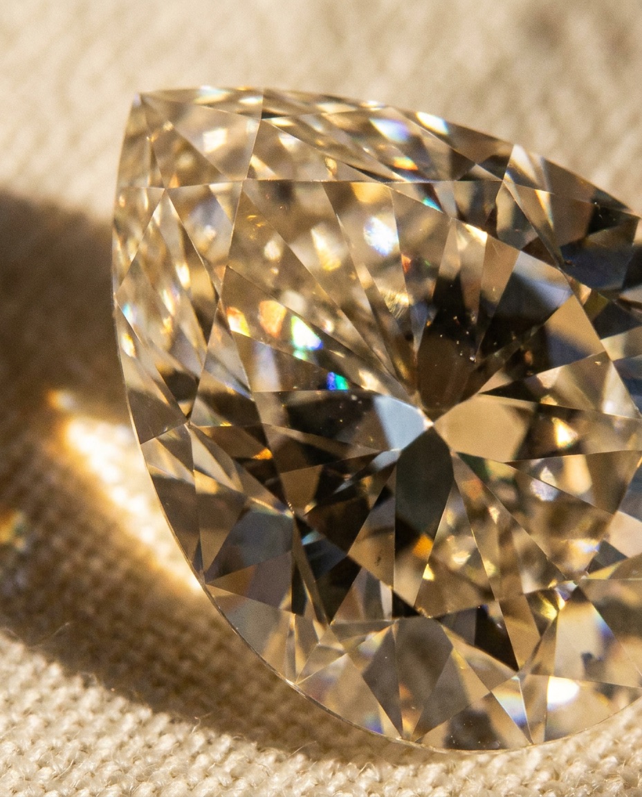 Pear shape diamond set point-down in a drop pendant on cream linen backdrop