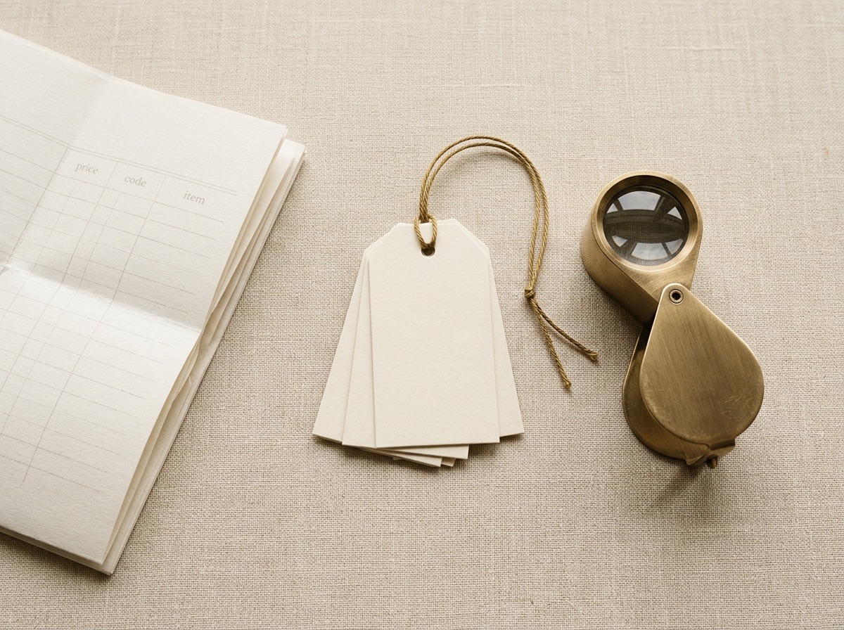 Brass balance scale and pricing checklist card on a jeweler's trade desk