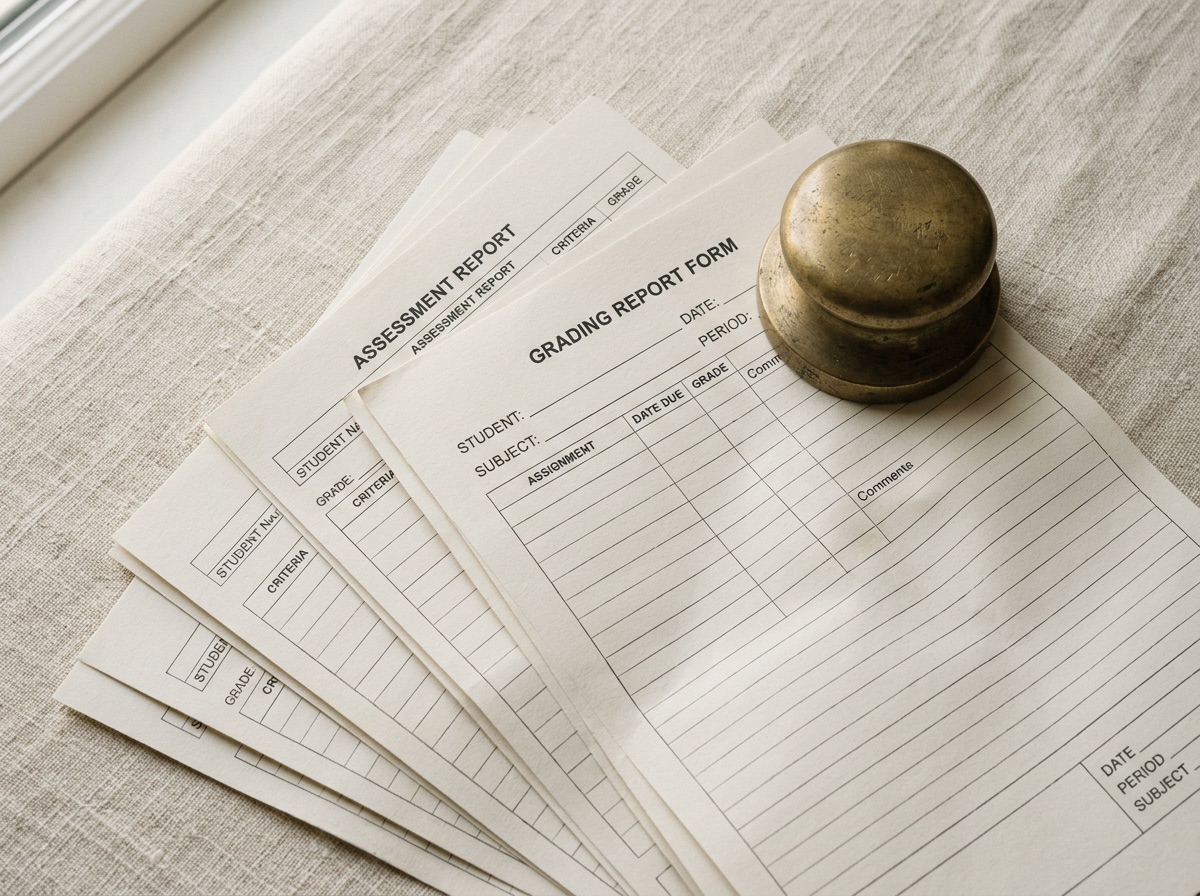 Overhead editorial still life of a cream ledger notebook, brass pencil, and measuring tape on aged oat paper