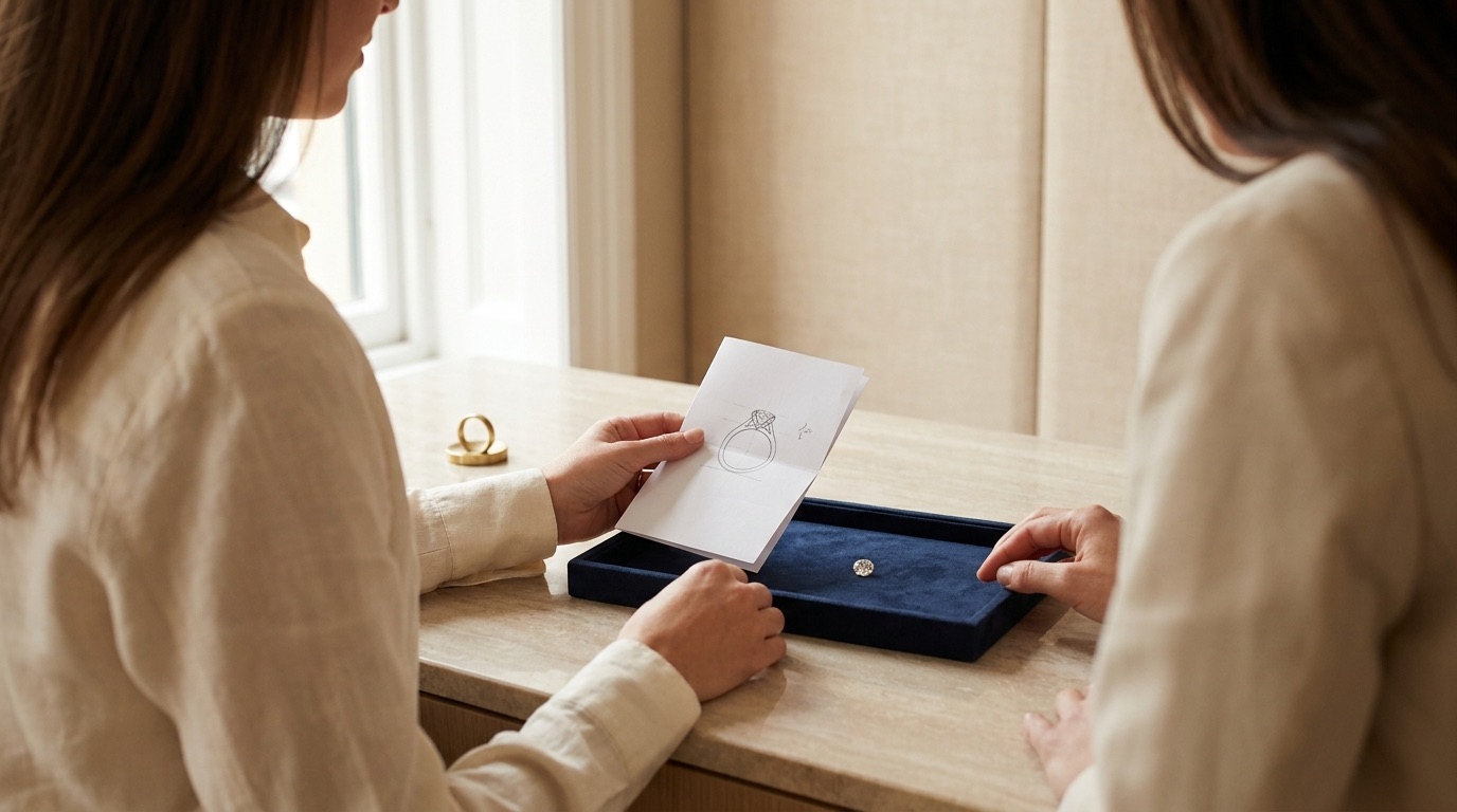 Finished custom engagement ring with a lab-grown center stone displayed on a cream linen backdrop