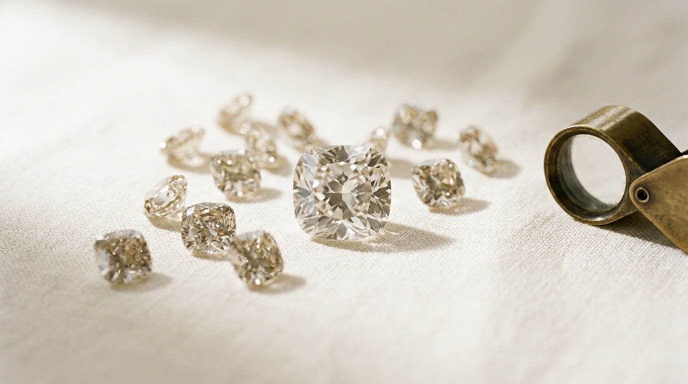 Loose cushion cut diamonds arranged on a jeweler's tray for wholesale grading
