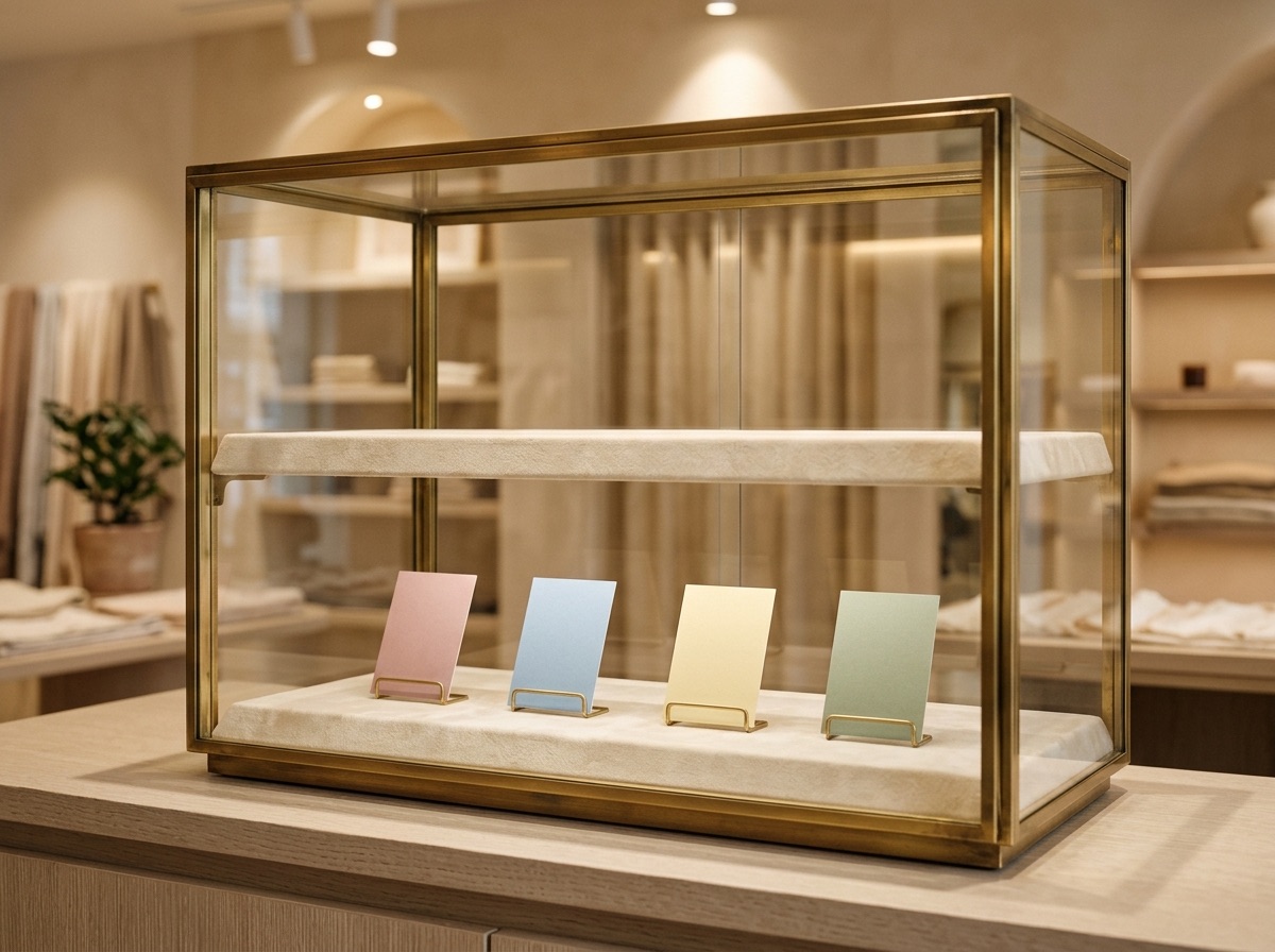 Fanned arrangement of gradient color-swatch cards in pink, blue, yellow, and green with a brass loupe on a cream linen wholesale desk