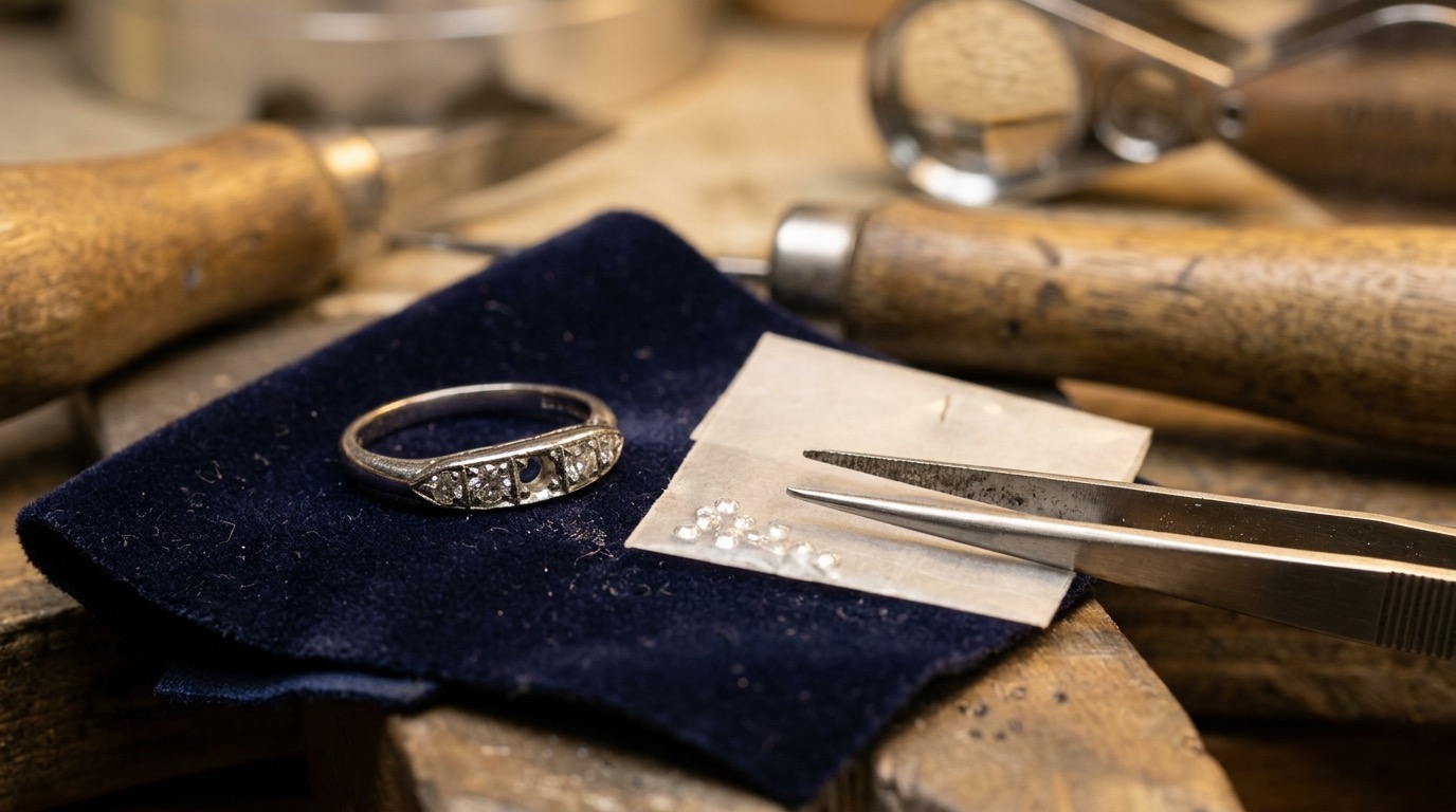 A jeweler's bench with a ring missing one pavé diamond beside a small parcel of loose natural melee diamonds