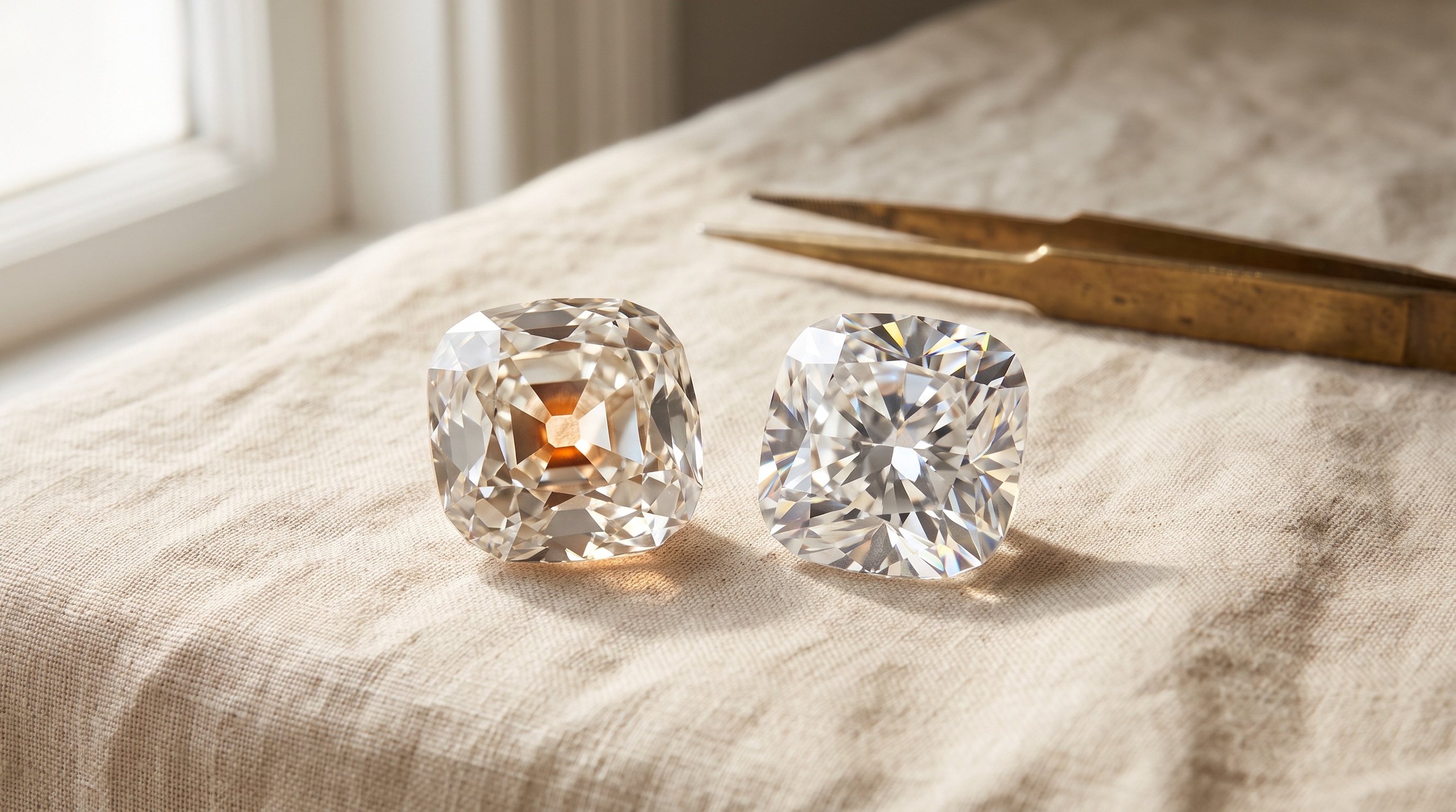Loose Old Mine cut and antique cushion diamonds arranged on a jeweler's tray for wholesale grading