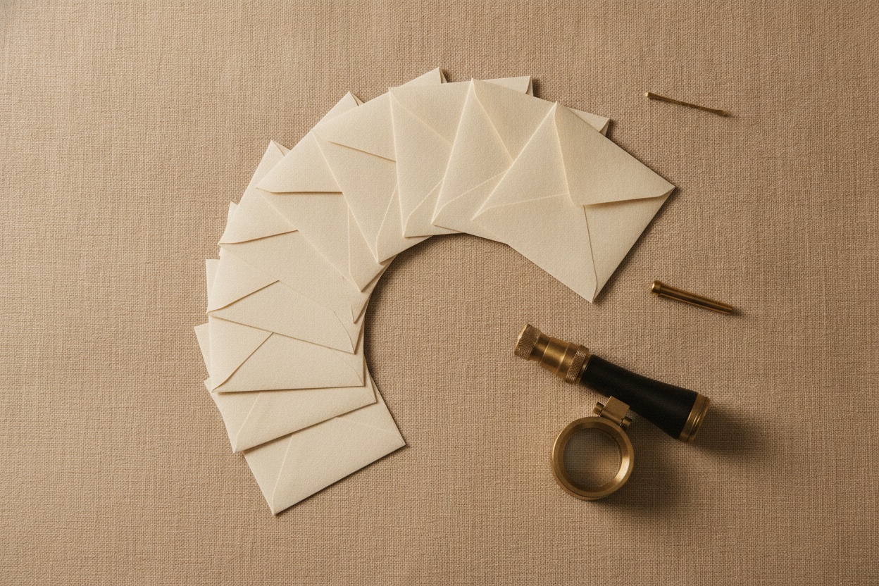 Abstract editorial flat-lay of a magnifying loupe and brass calipers beside blank grading-report-style paper forms on oat linen