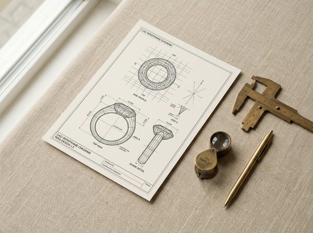 A hand marking brass-ink annotations and arrows over a printed CAD wireframe ring diagram on cream paper