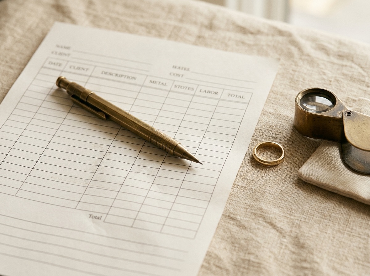 Itemized custom jewelry cost worksheet with stone, metal, and labor lines