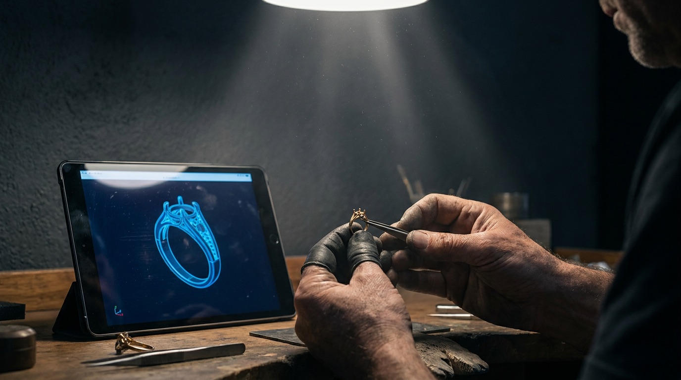 Wholesale jeweler comparing loose certified diamond parcels against finished custom ring inventory while reviewing purchasing and cash-flow plans
