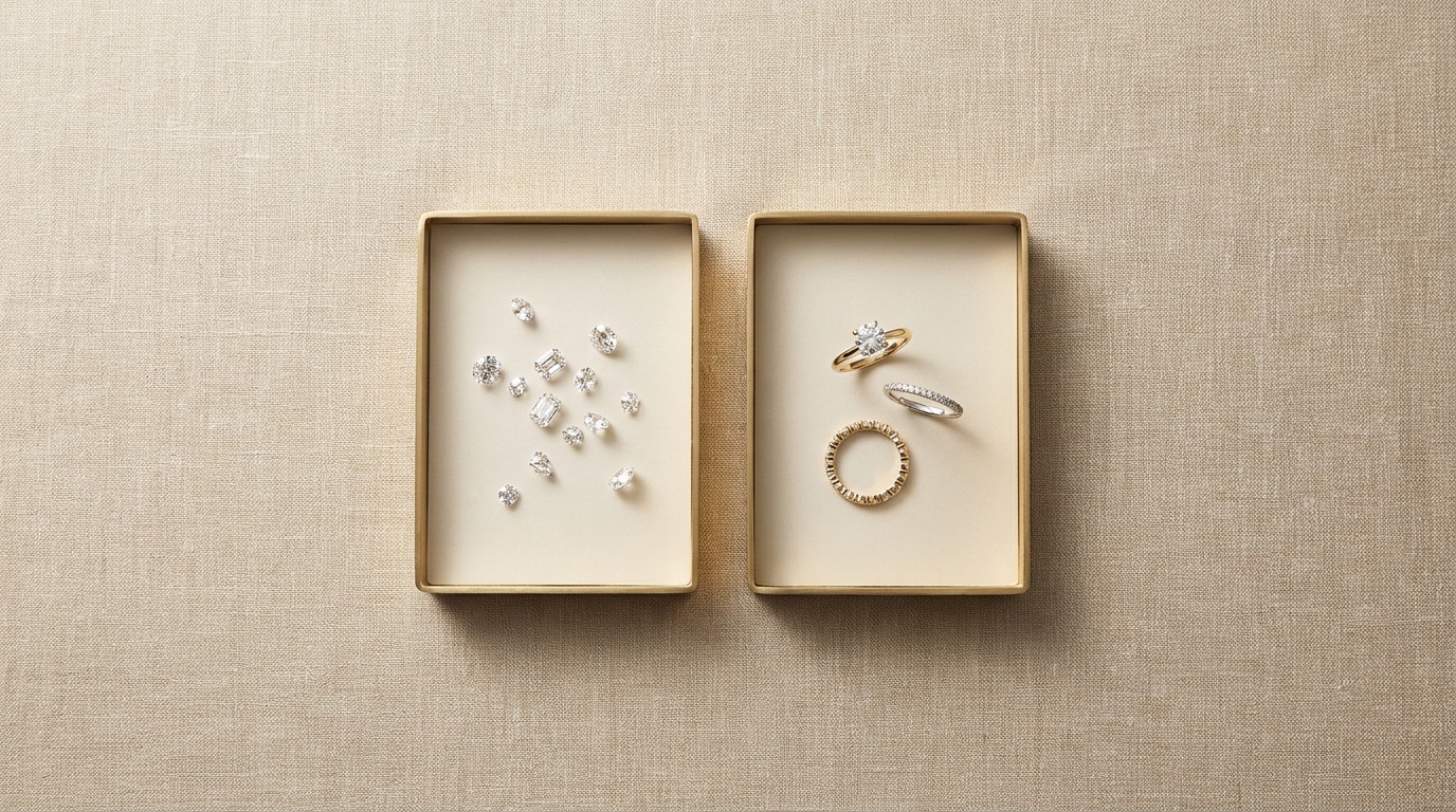 Close-up of a CAD ring rendering on a screen next to a cast gold mounting mid-setting, showing the labor stages behind a custom jewelry wholesale quote