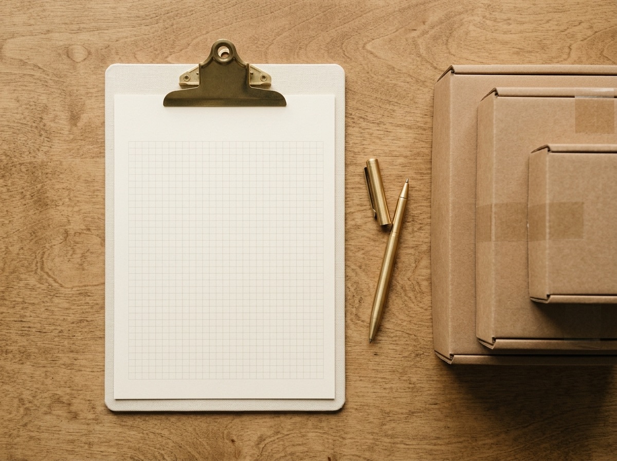 Plain unbranded shipping box on a cream and brass desk setting