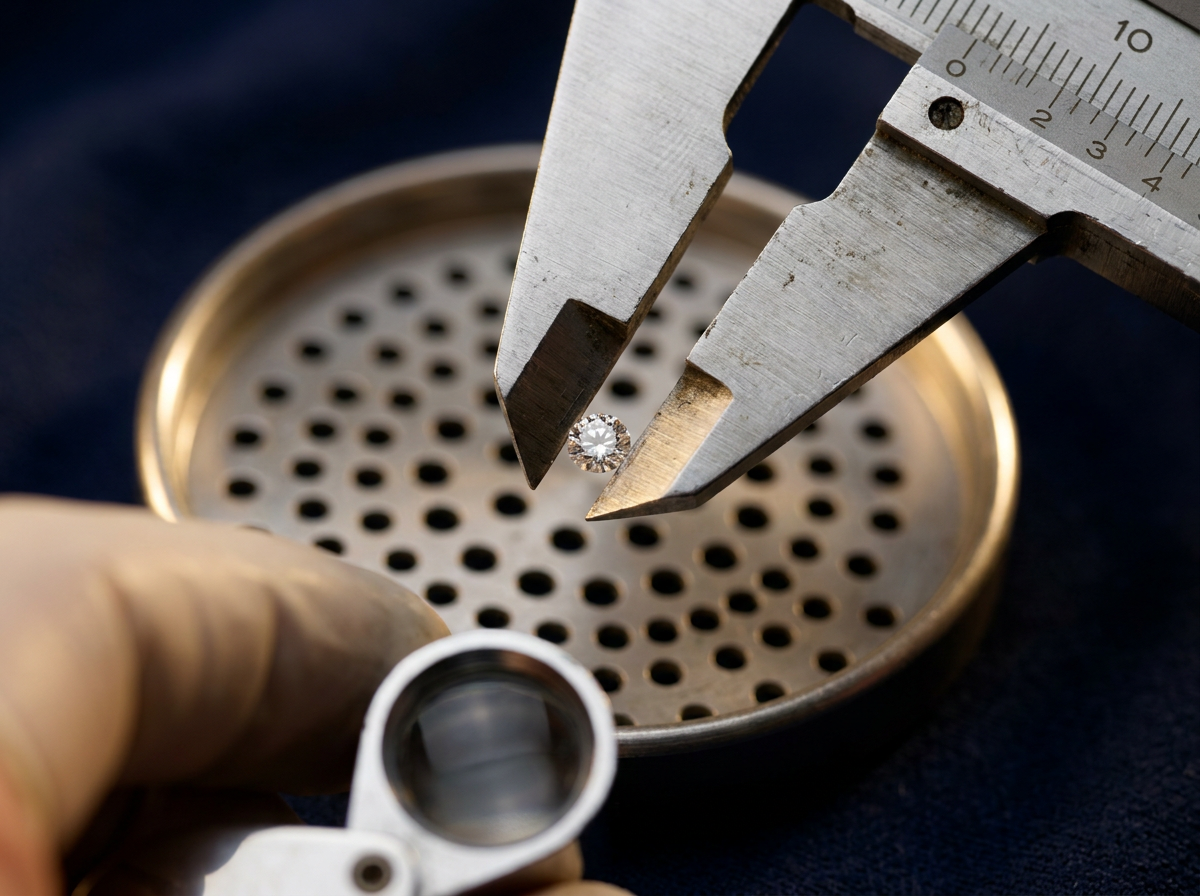 Calipers measuring a round natural melee diamond against a sieve tray for tennis bracelet parcel sizing, navy and champagne-gold macro