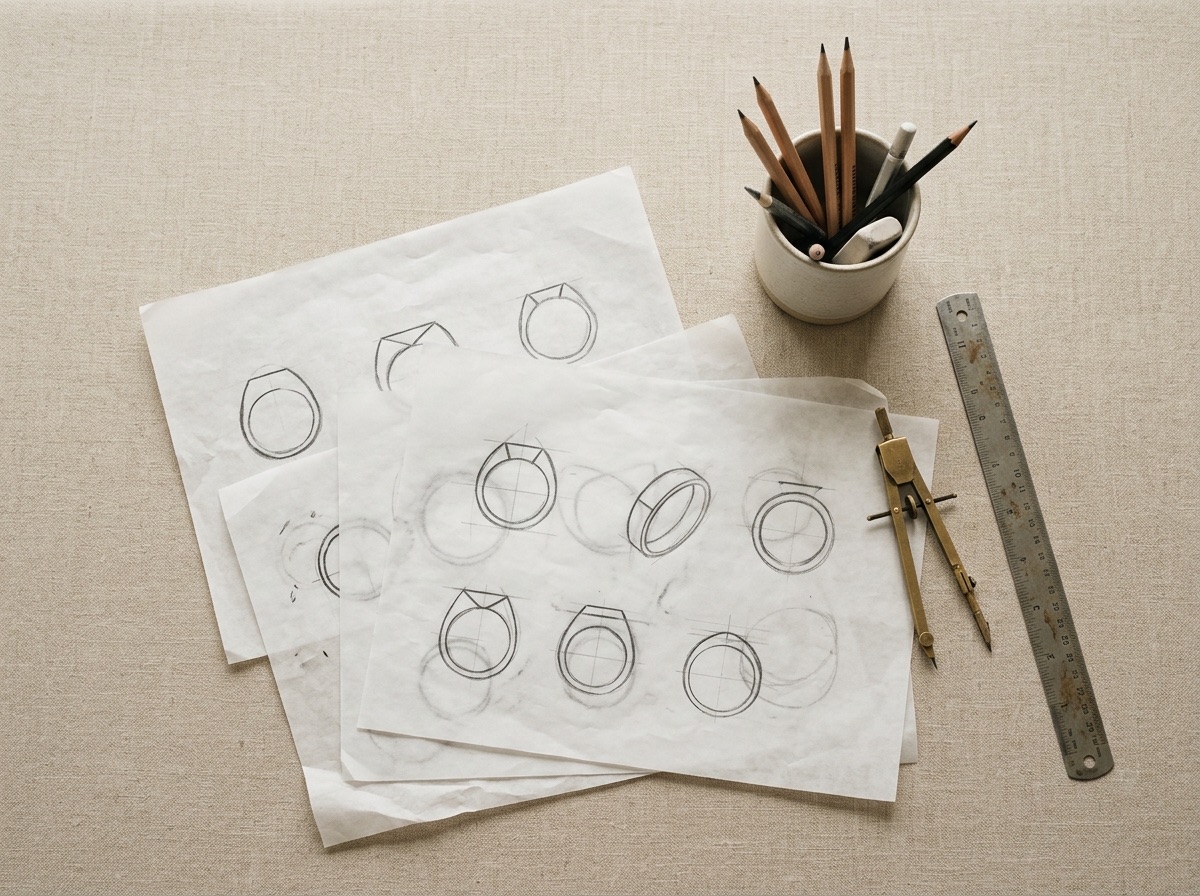 Designer's worktable with abstract ring sketches on tracing paper
