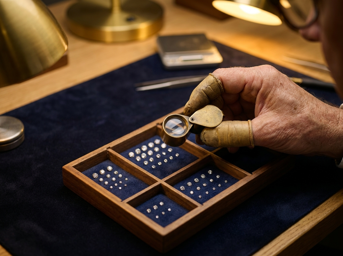 jeweler grading loose natural melee diamonds with a loupe over a sorting tray, trade editorial still life