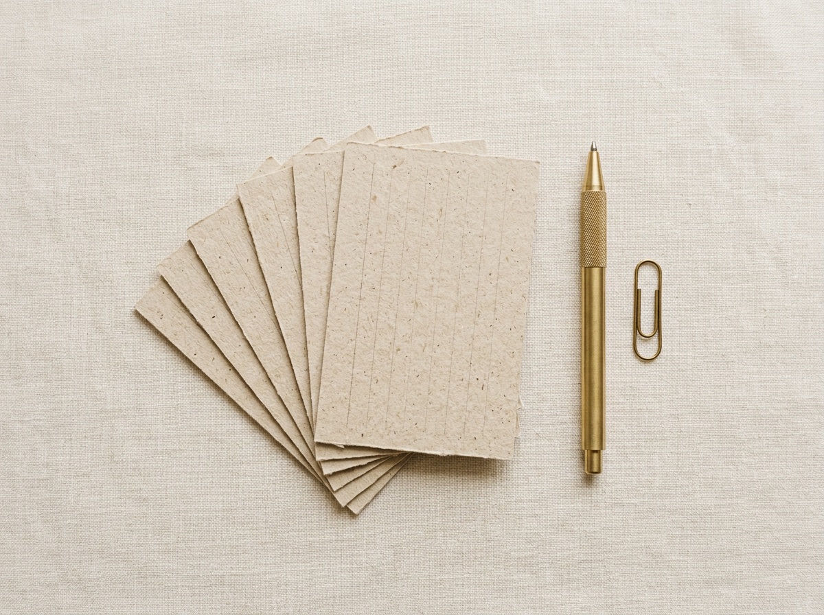 A fanned stack of index cards with a pen and paperclip, representing a delivery-communication checklist