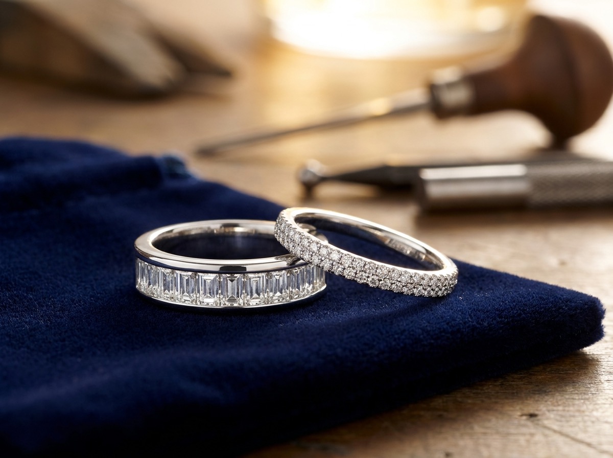 Finished channel-set and pavé diamond rings with natural melee diamonds on navy velvet beside bench setting tools