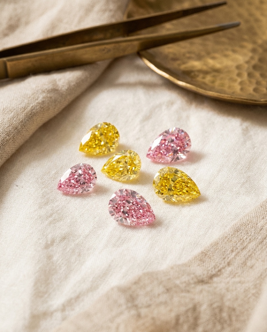 Pear shape lab-grown diamond loose on a cream backdrop, teardrop outline showing point and rounded end