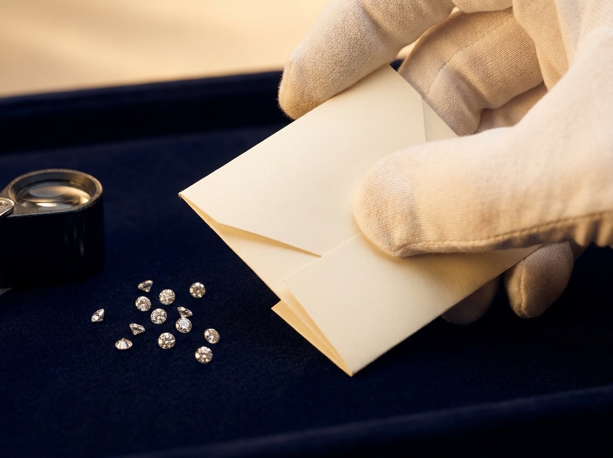 A jeweler's hand labeling a small folded diamond parcel paper next to loose melee diamonds and a loupe, representing origin labeling on trade paperwork
