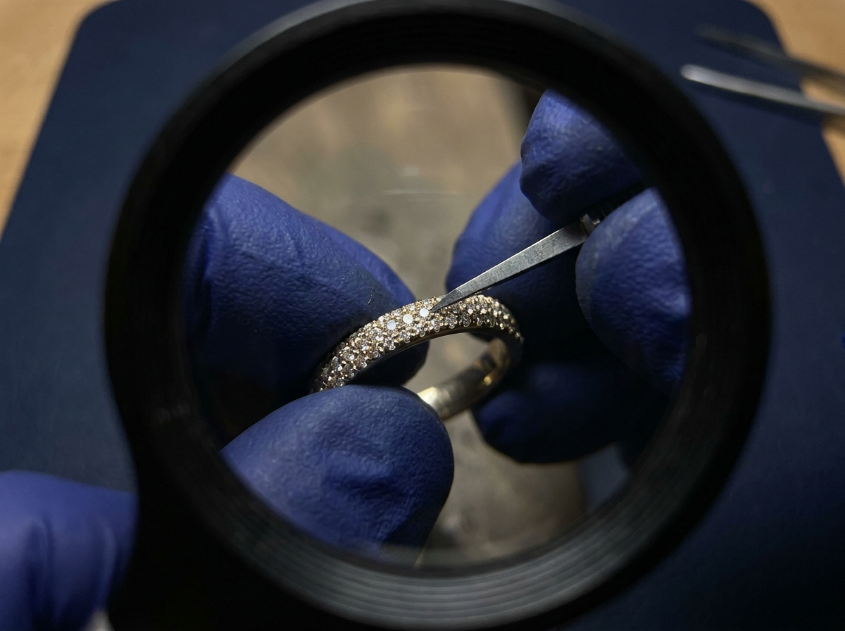 Close-up of a jeweler using a bead-setting tool to seat a small diamond into a pavé band