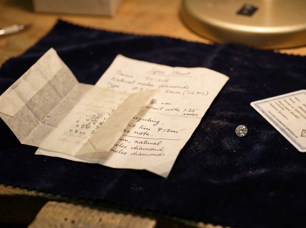 A jeweler's purchase order spec sheet beside both a small melee parcel and a single loose certified diamond with its report, ready to ship