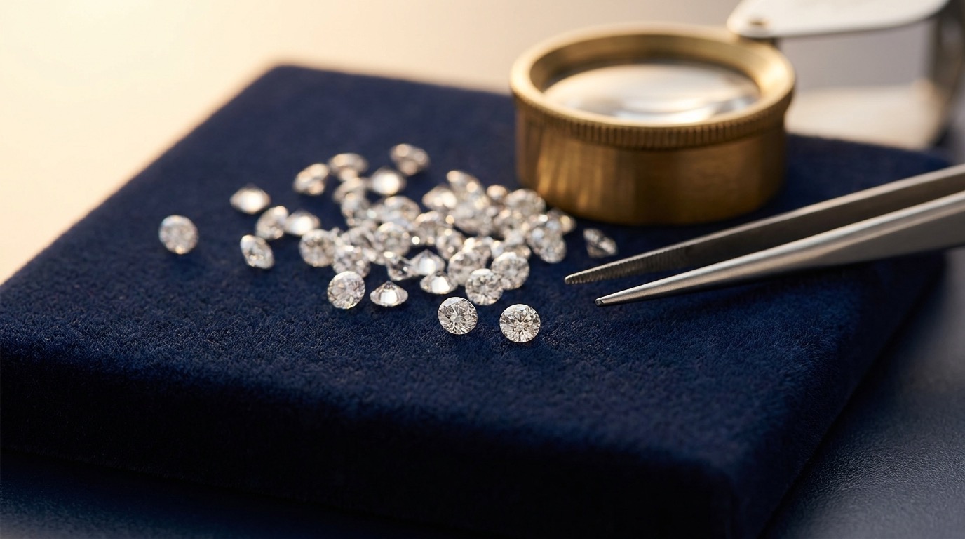 Loose round natural melee diamonds on navy velvet beside a loupe and tweezers, staged for wholesale diamond-type screening
