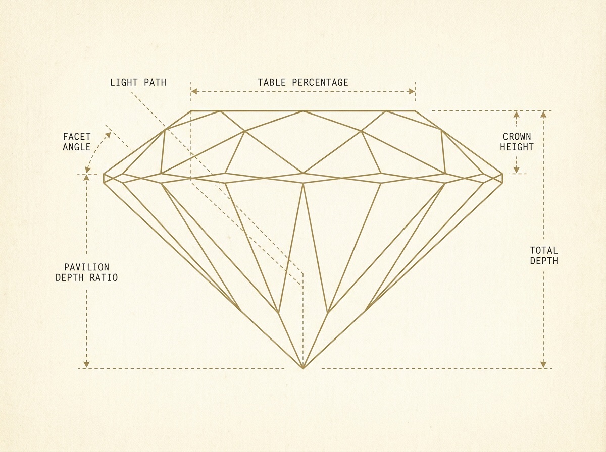 Abstract line-art technical diagram of diamond proportions showing table percentage, crown height, pavilion depth, and facet angle in brass linework on cream background