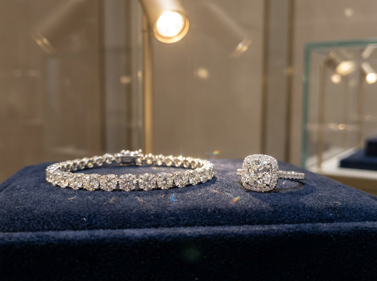 Diamond tennis bracelet and pavé halo ring displayed together on navy velvet in a jewelry showcase