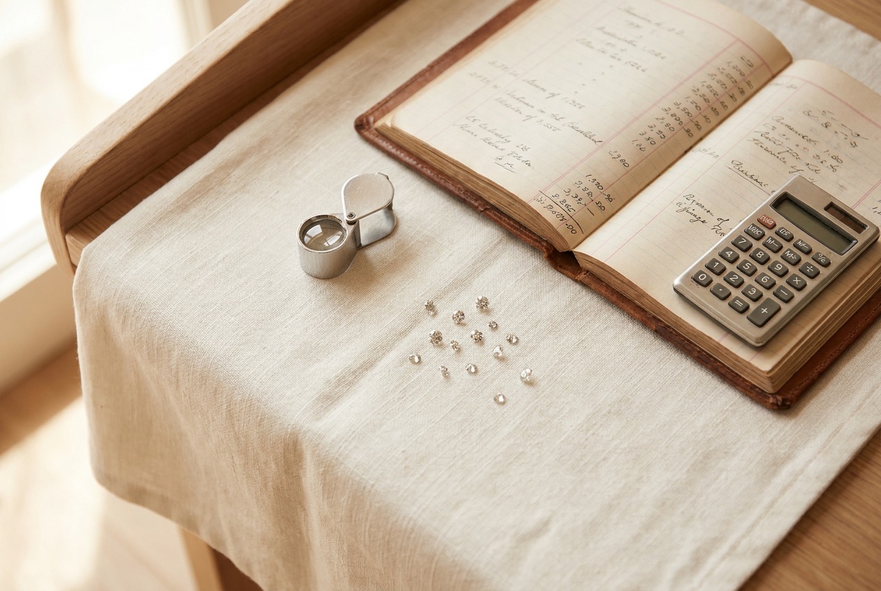 Open order book and buying calendar beside a finished engagement ring and loose diamonds, representing a hybrid stock-and-build purchasing plan