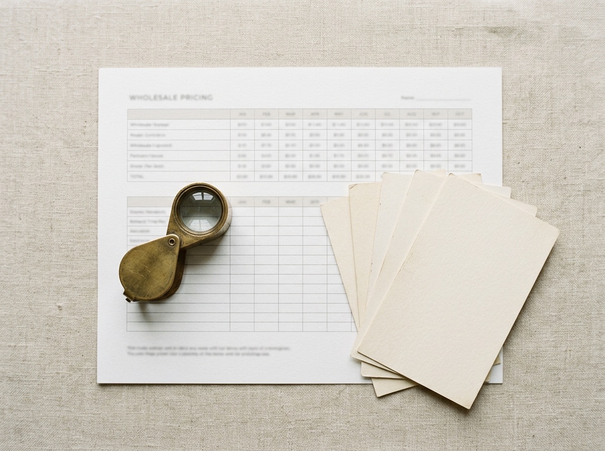 Open ledger book with handwritten pricing columns beside a brass calculator