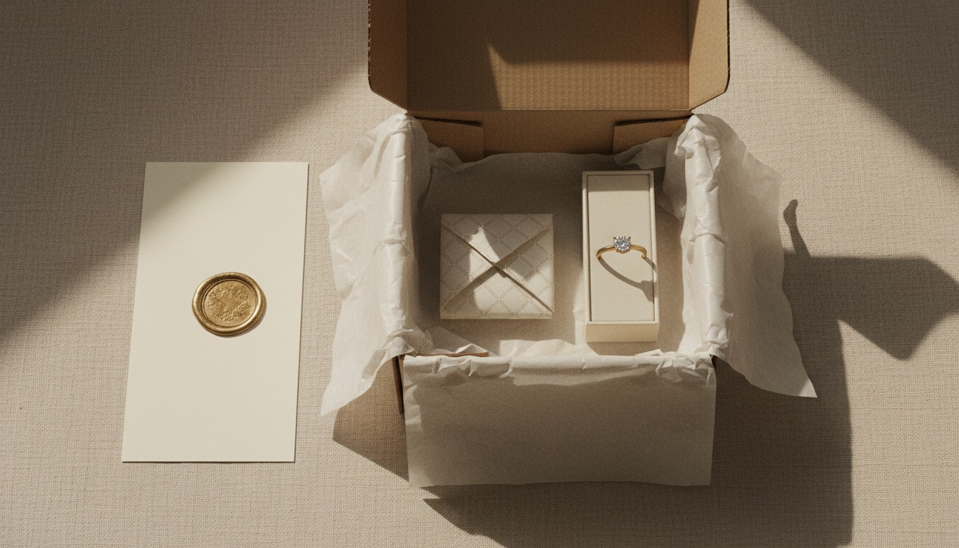 A single cream shipping box holding a diamond parcel paper, ring box and finished solitaire ring, packed together