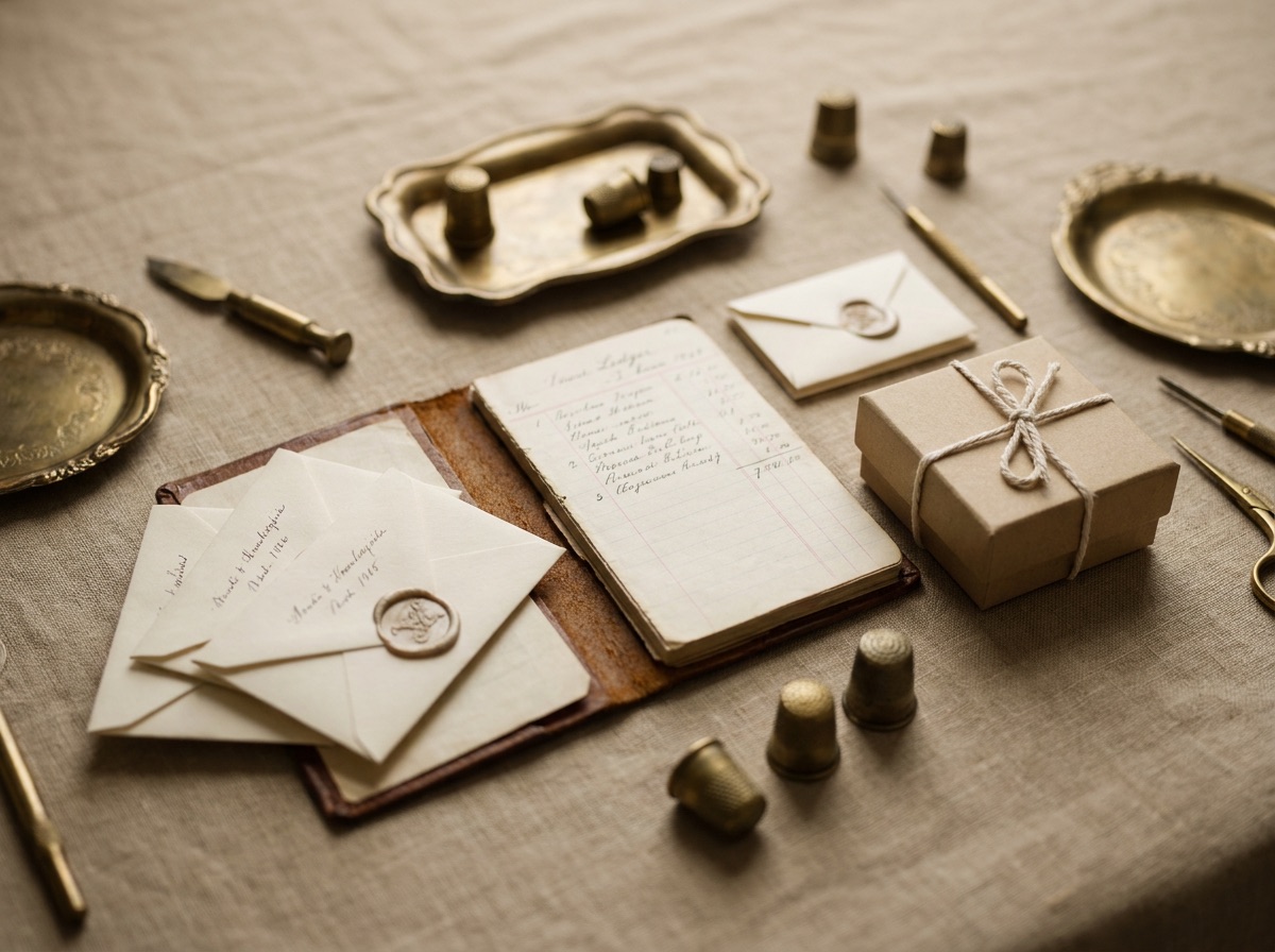Order ledger and sealed stone parcels on a wholesaler's desk