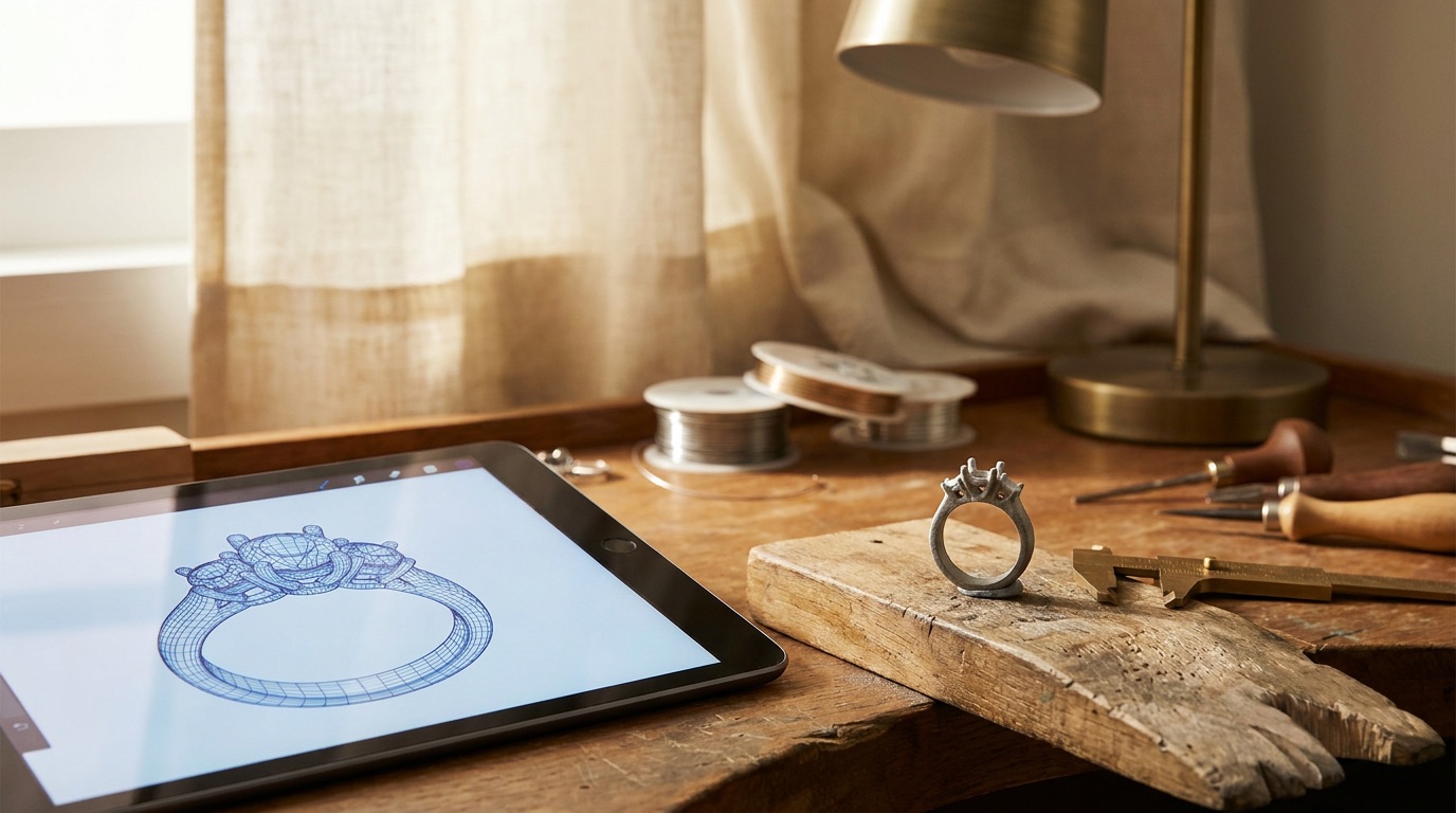 Loose lab-grown diamonds in antique and modern cuts arranged on a velvet tray for a custom design consultation