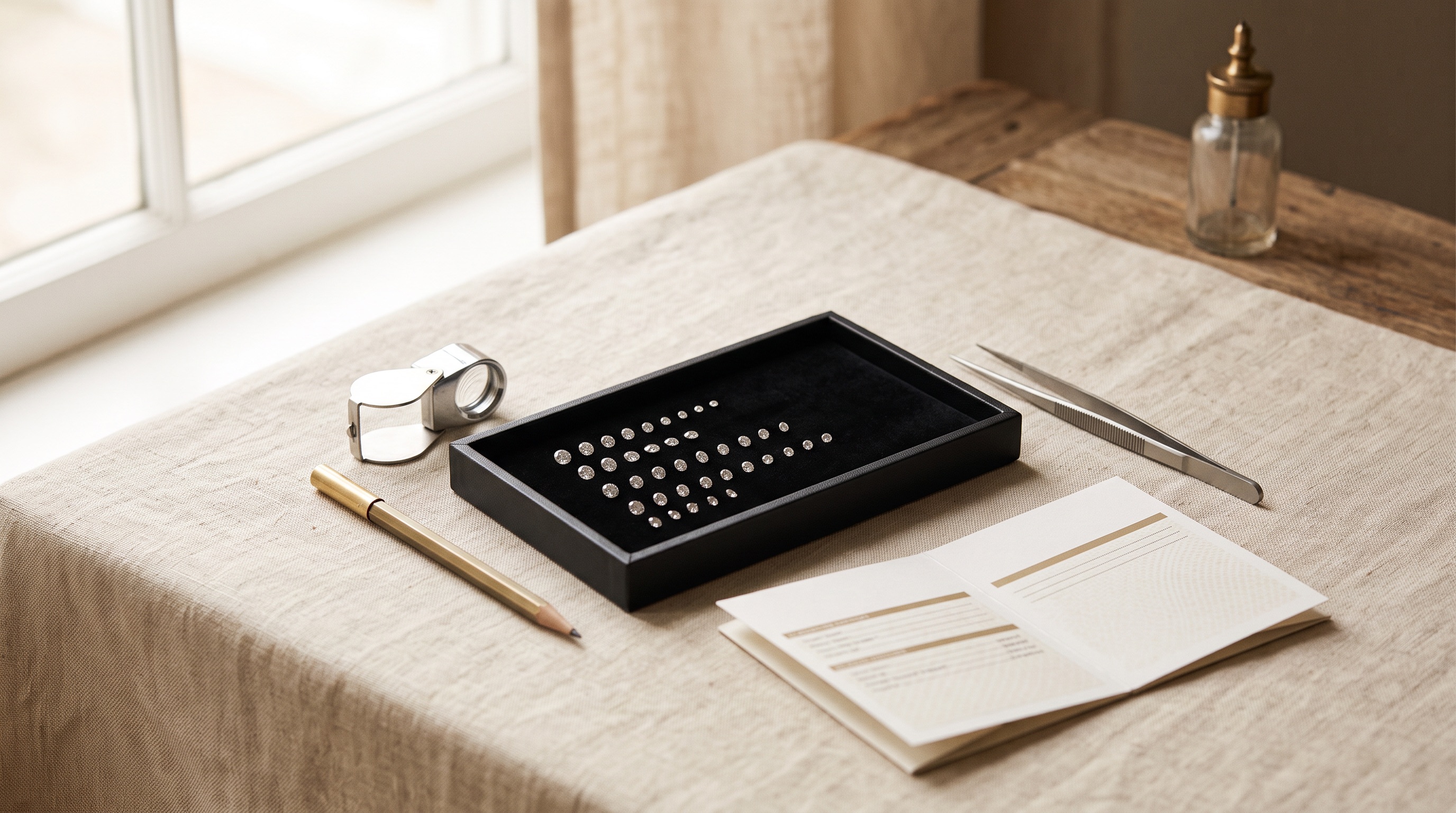 Matched pair of shield cut lab-grown diamonds on a dark tray, five-sided outline with flat top edge visible