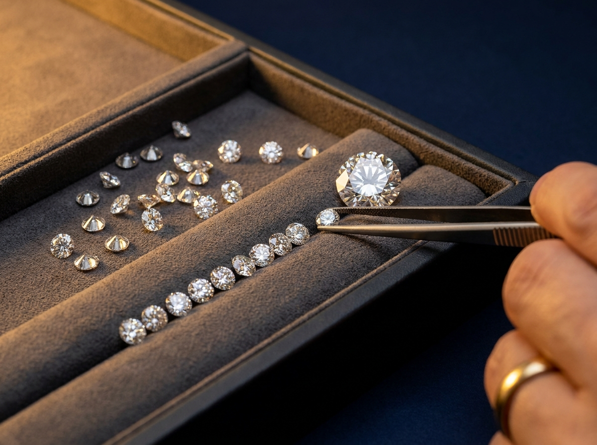 Loose melee diamonds being compared against a larger master reference diamond on a grading tray with tweezers